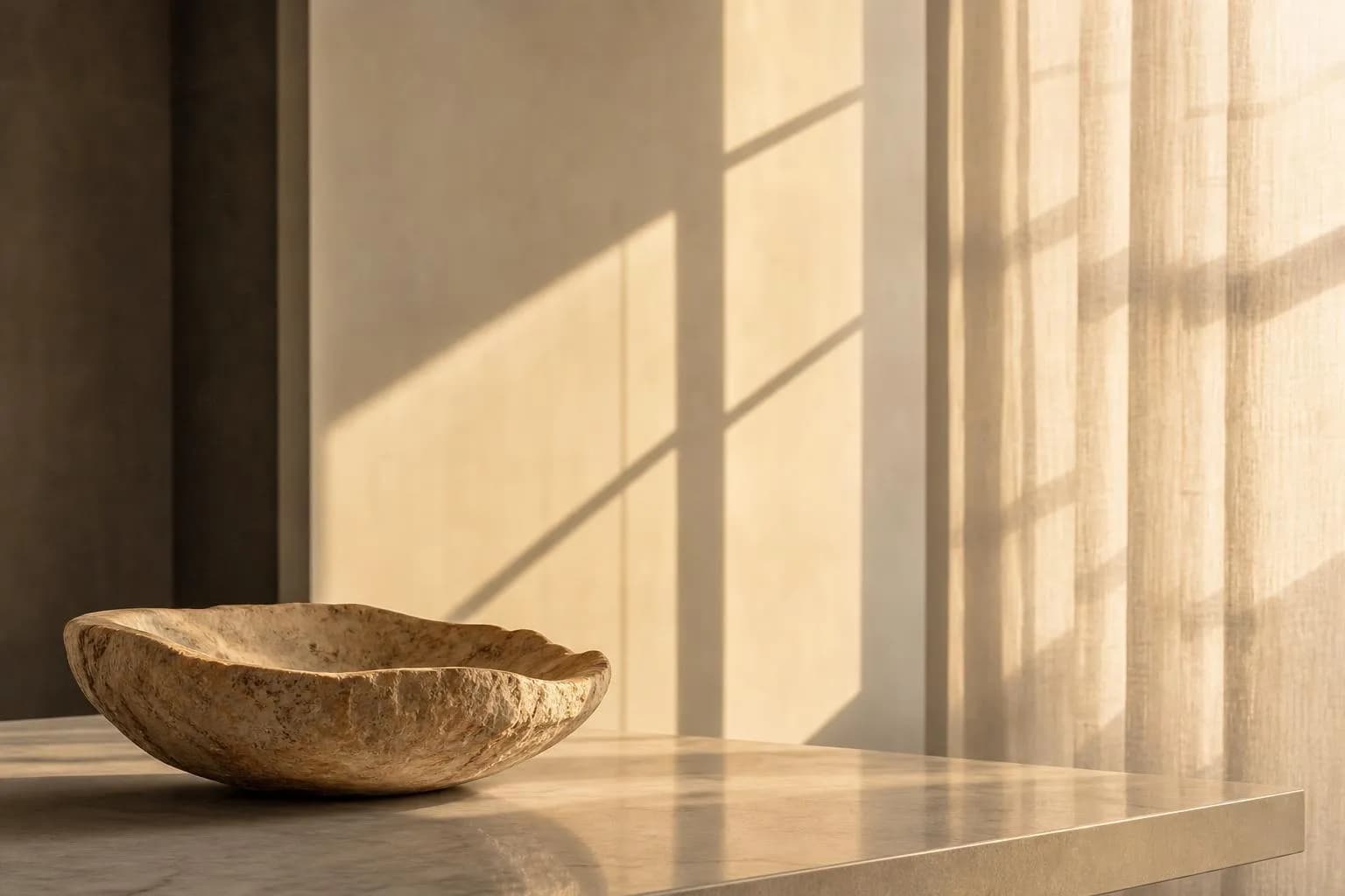 Sunlight through sheer curtains casting soft geometric shadows on a minimalist interior wall