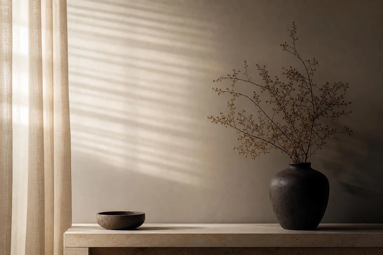 Soft sunlight through sheer curtains casting subtle striations and shadows on a white wall