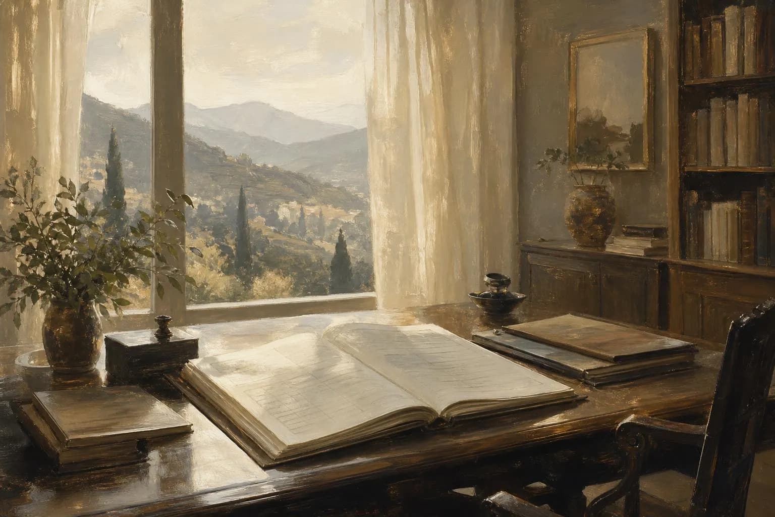 Soft painterly study of a sunlit desk with distant layered landscape beyond the window, evoking global financial perspective