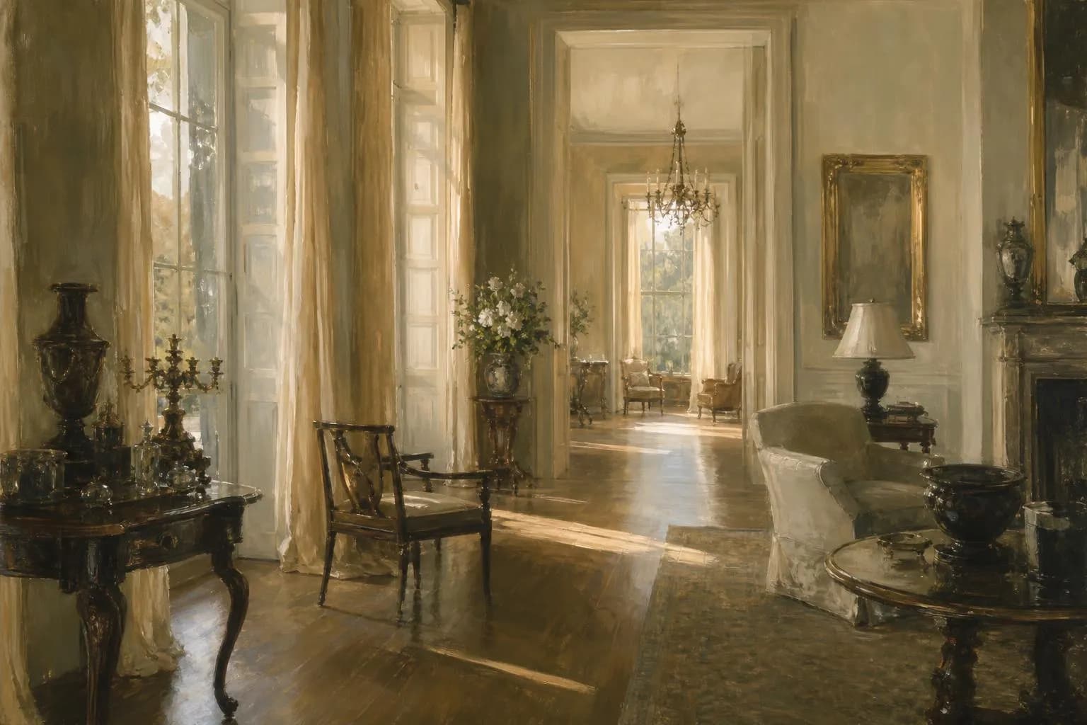 Sunlit interior of a historic home with inherited furnishings, rendered in soft impressionistic tones.