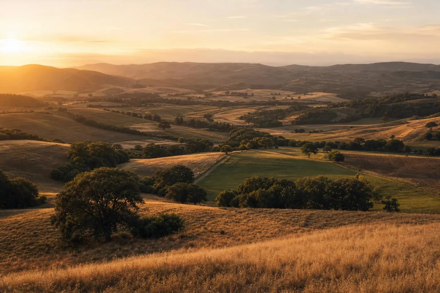 Expansive golden-hour countryside with layered terrain and varied landscape textures beneath warm evening light