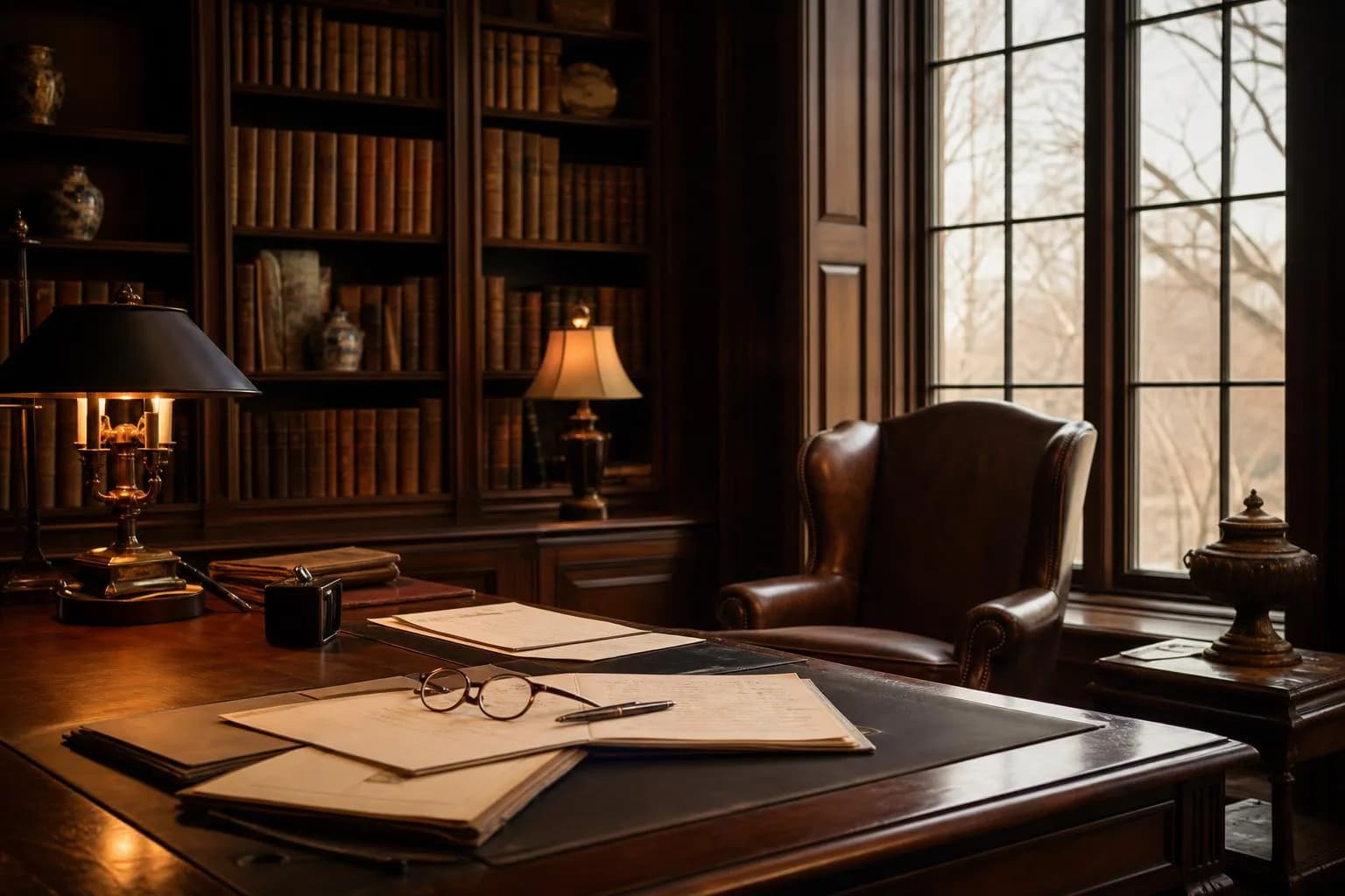 Warmly lit private library with leather-bound books, estate documents on desk, and wingback chair by windows.