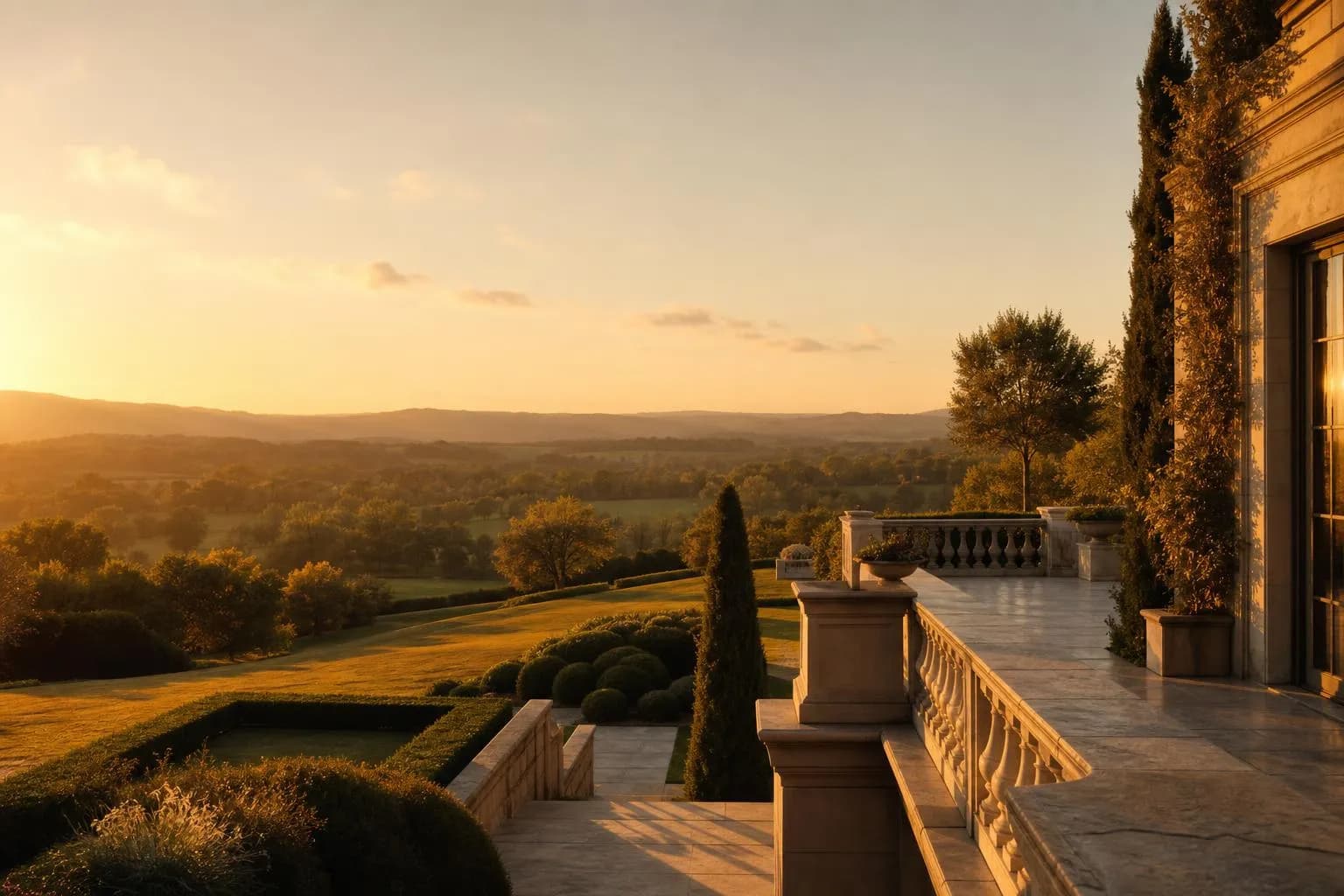 Golden-hour landscape of private estate grounds with rolling terrain and distant ridgeline