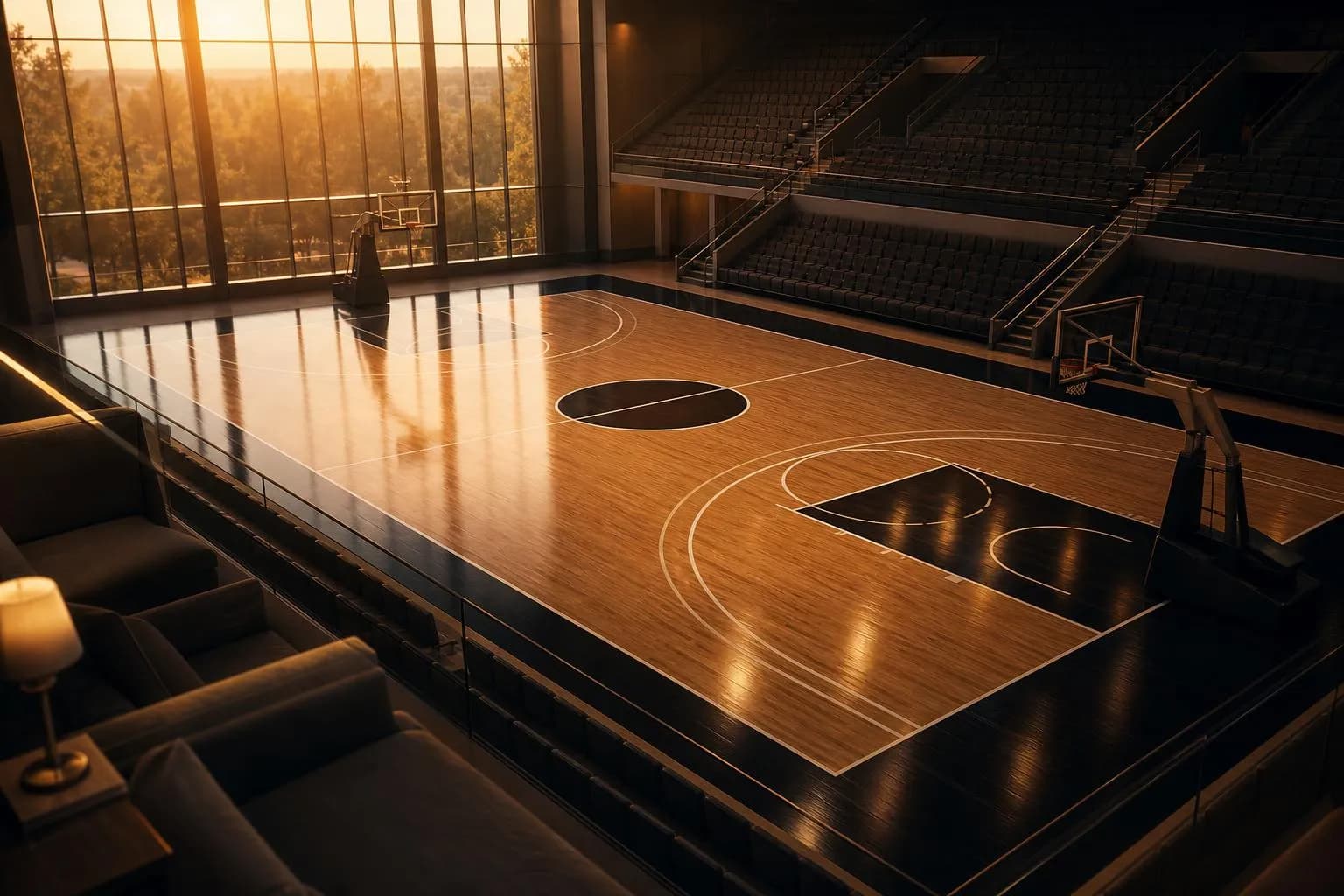 Empty polished basketball court at golden hour, elevated perspective, symbol of institutional sports investment