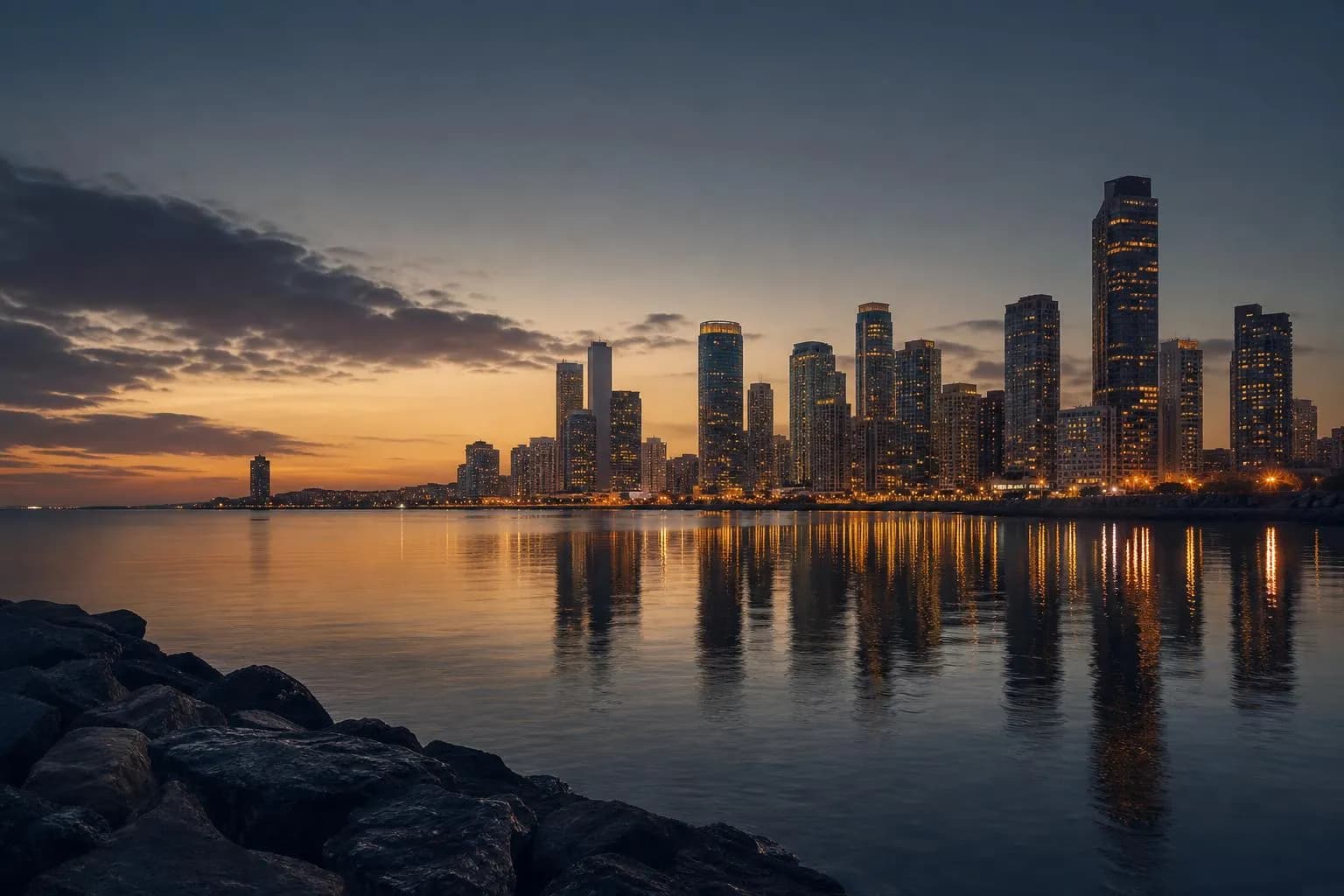 Distant city skyline at dusk, reflected in still water under twilight sky