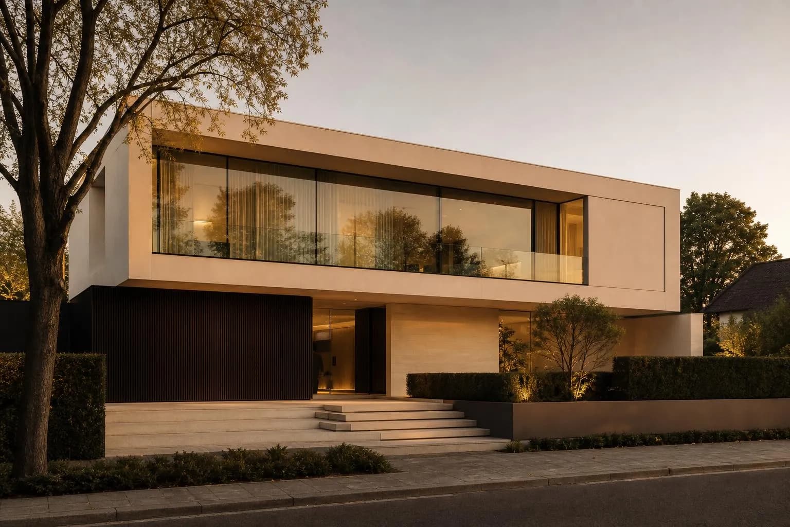 Minimalist Dutch modernist villa with clean geometric lines, photographed at golden hour