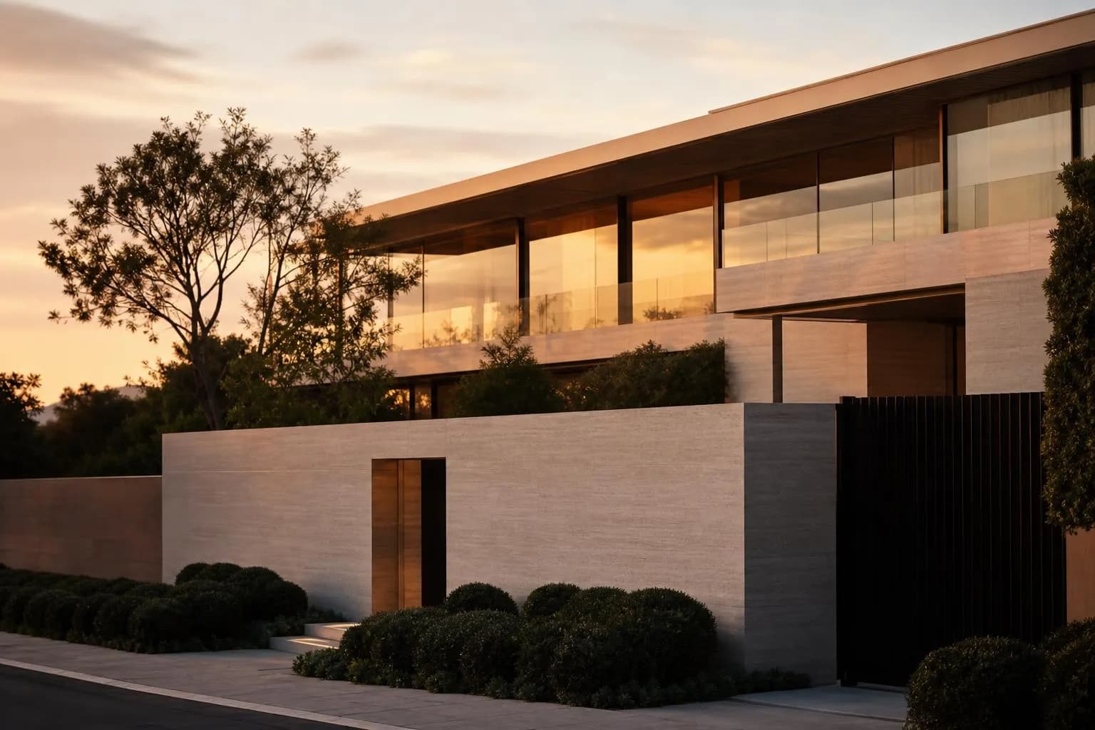 Modern villa with clean geometric lines and glass panels, shot from street at golden hour.