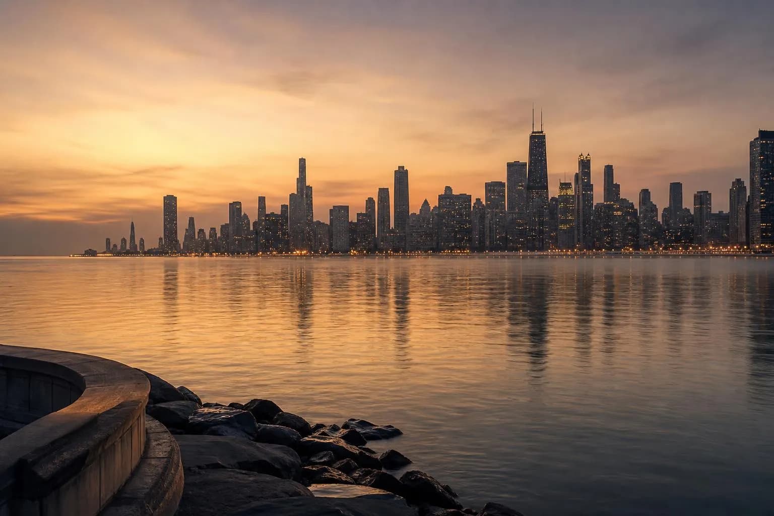 Calm water at dusk reflects a distant city skyline at twilight, quiet and serene.