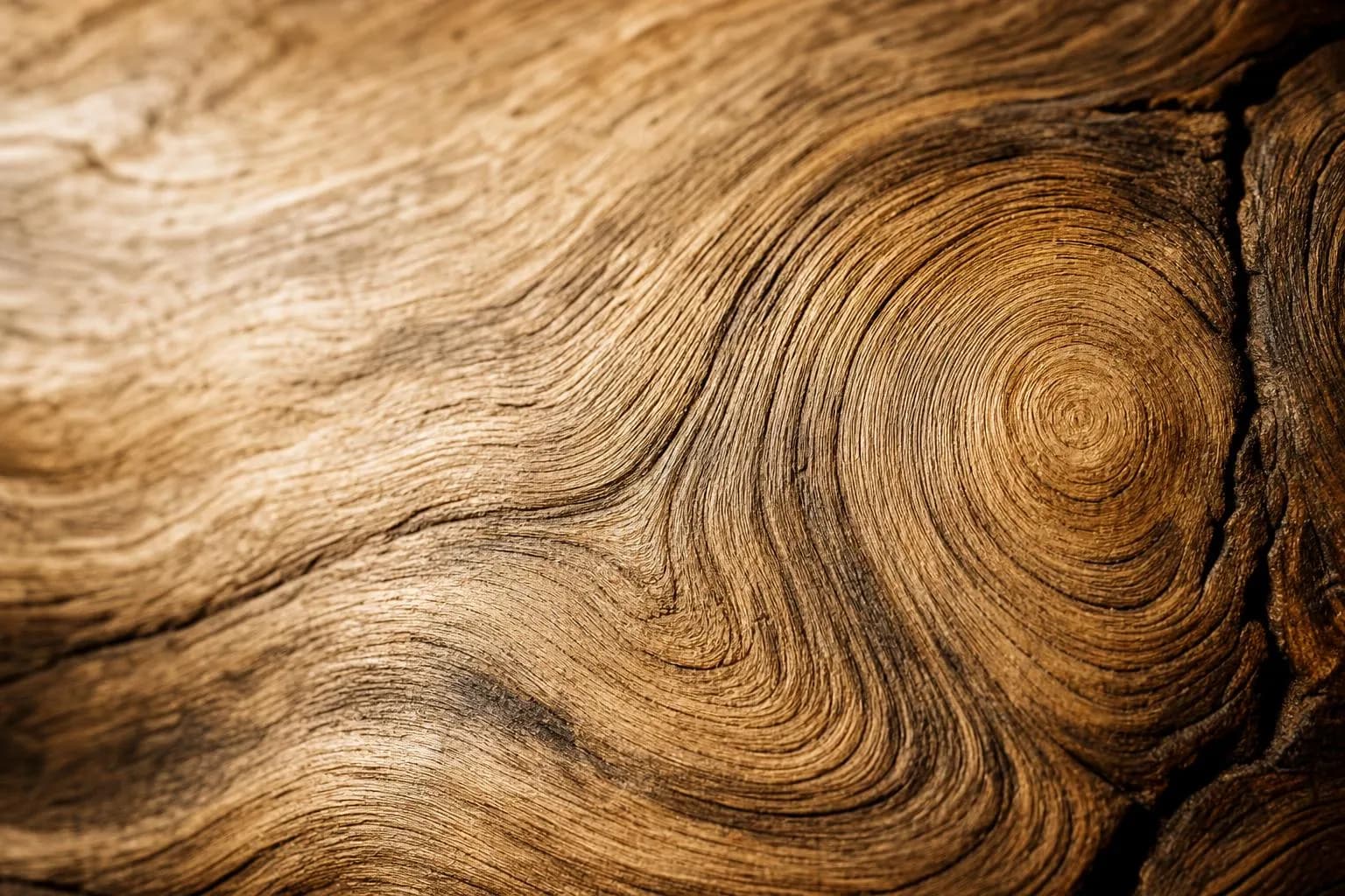 Close-up of aged oak wood grain with warm lighting, showing natural texture and depth