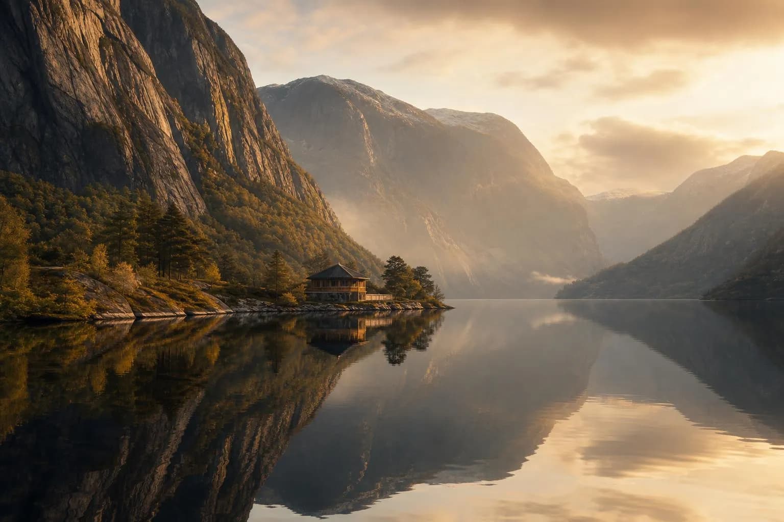 Still Norwegian fjord at golden hour with granite cliffs and distant cabin, reflecting quiet stewardship