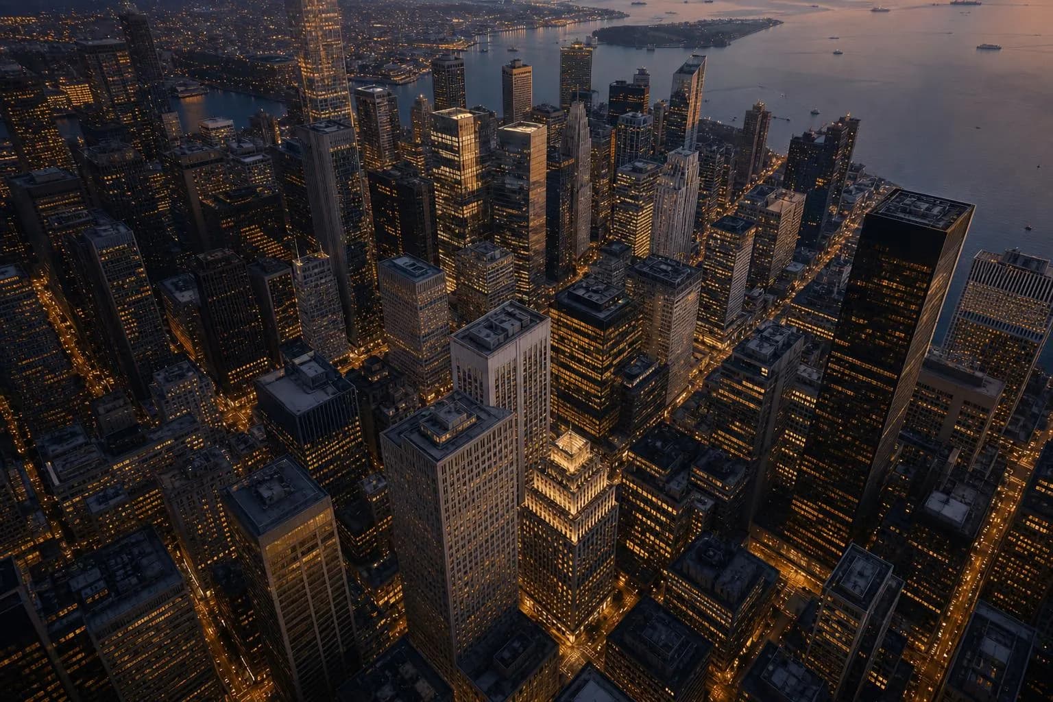 Aerial view of illuminated financial district at dusk, ordered grid of buildings with glowing windows.