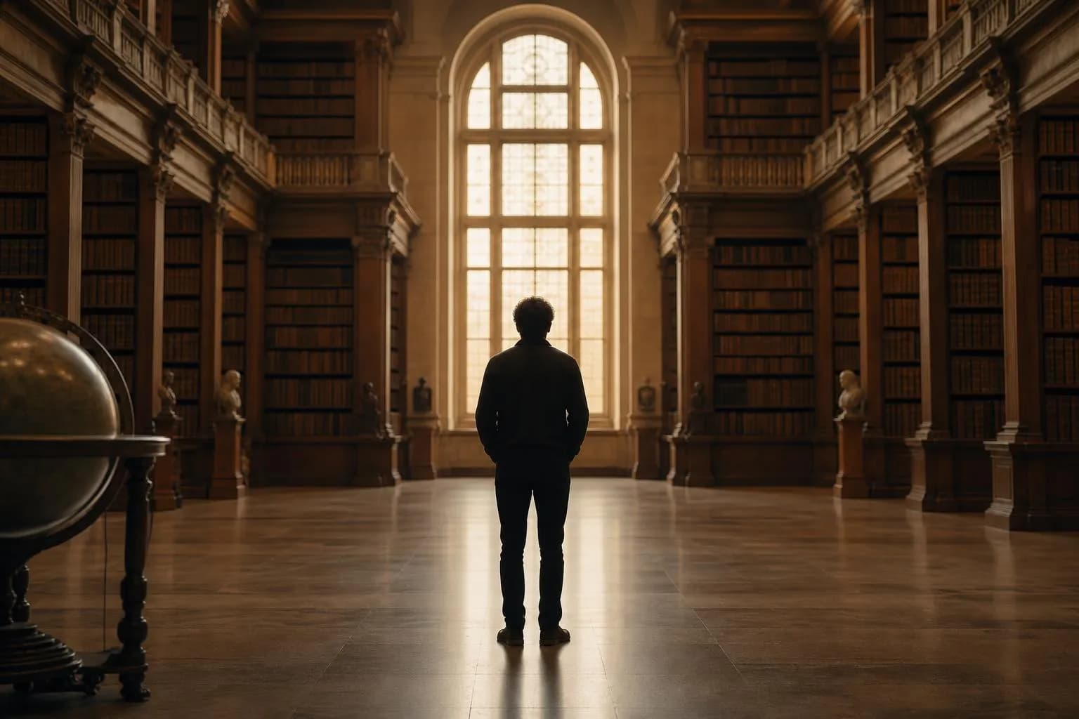 A figure stands alone in a classical library, backlit by warm light filtering through tall windows, surrounded by shelves of aged books stretching into shadow.