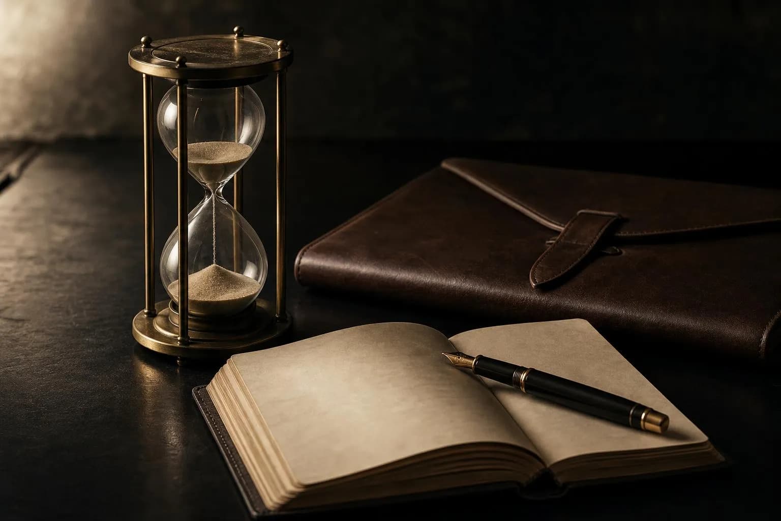 Still life: hourglass, closed portfolio, and open journal with pen, symbolizing locked and liquid capital structures.