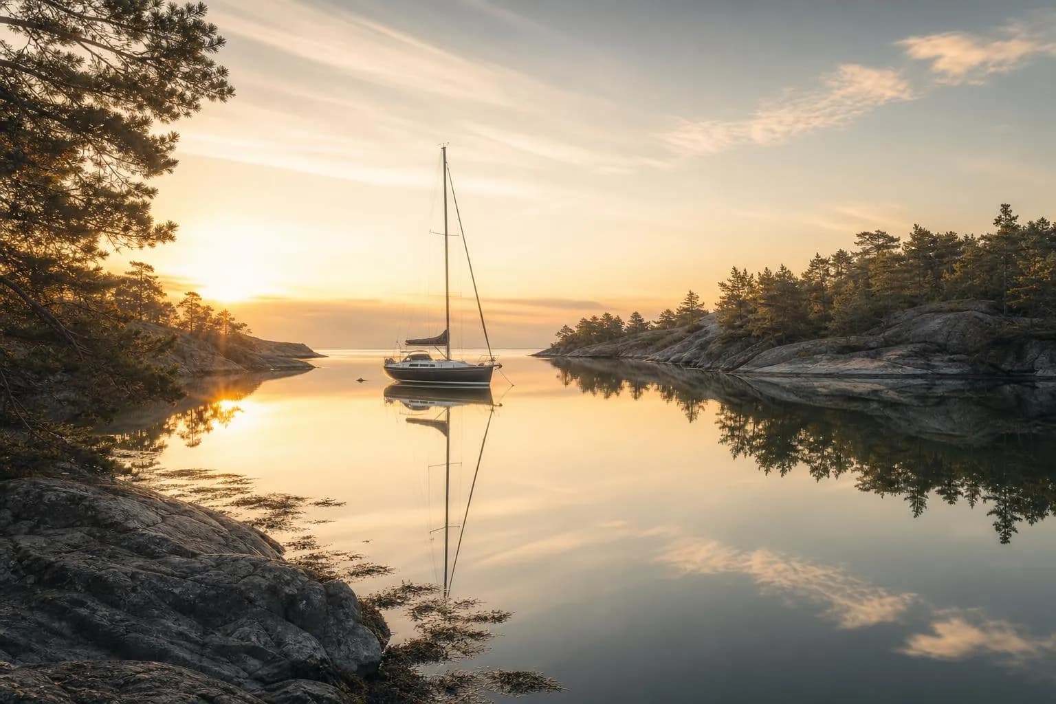 Calm coastal waters at dawn with a lone anchored sailboat, perfectly still surface reflecting pale sky.