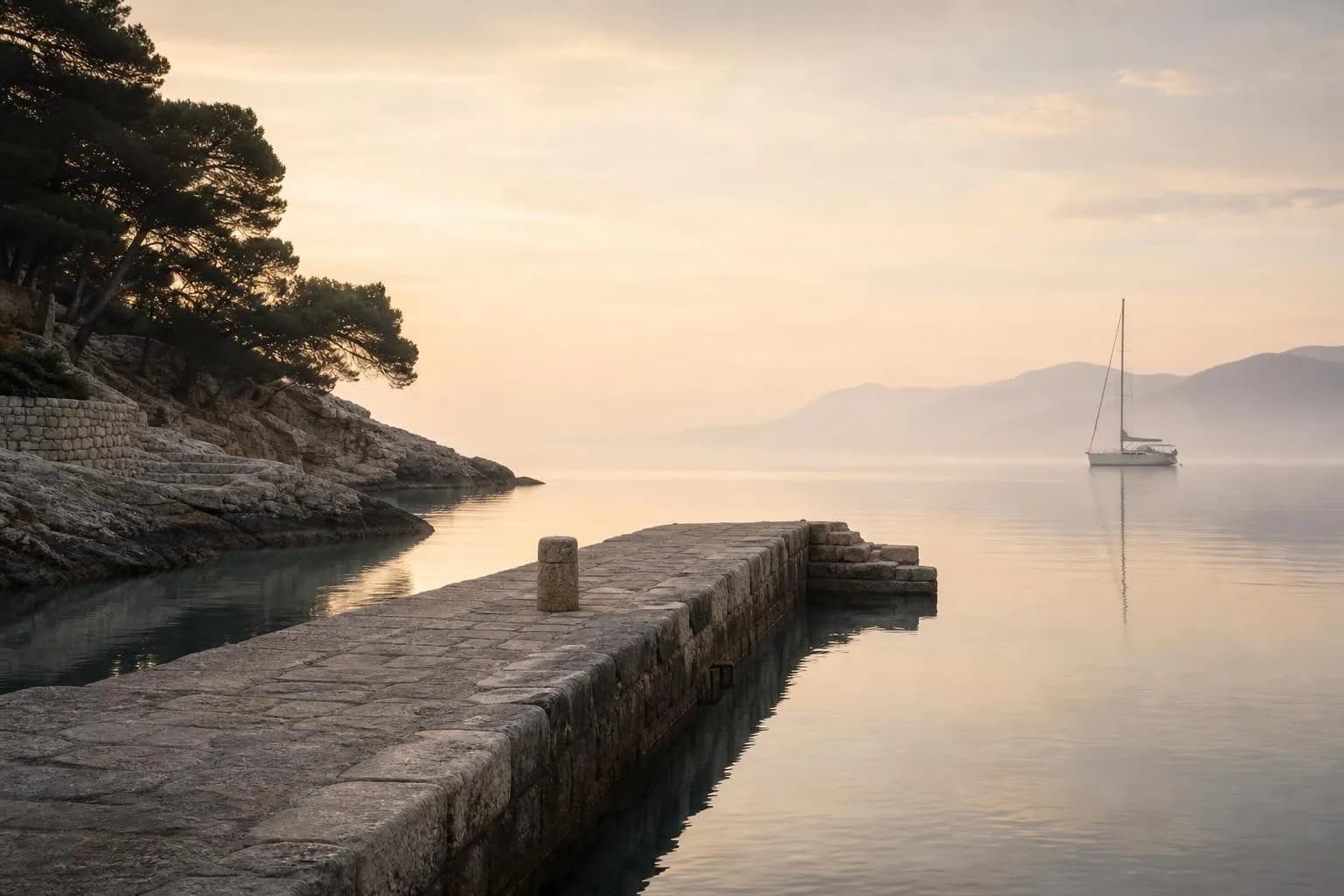 Serene dawn coastal scene with calm water, stone pier, and distant sailboat in soft mist.