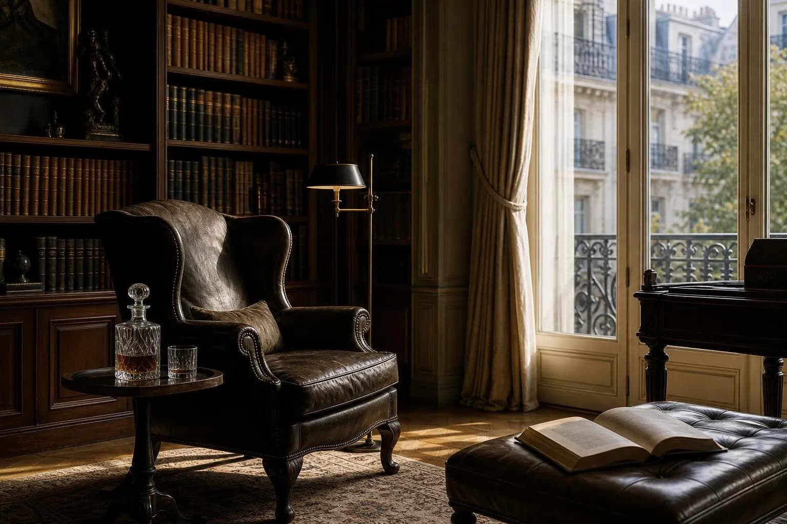 Sunlit private library with leather chair, mahogany shelves, and crystal decanter on side table.