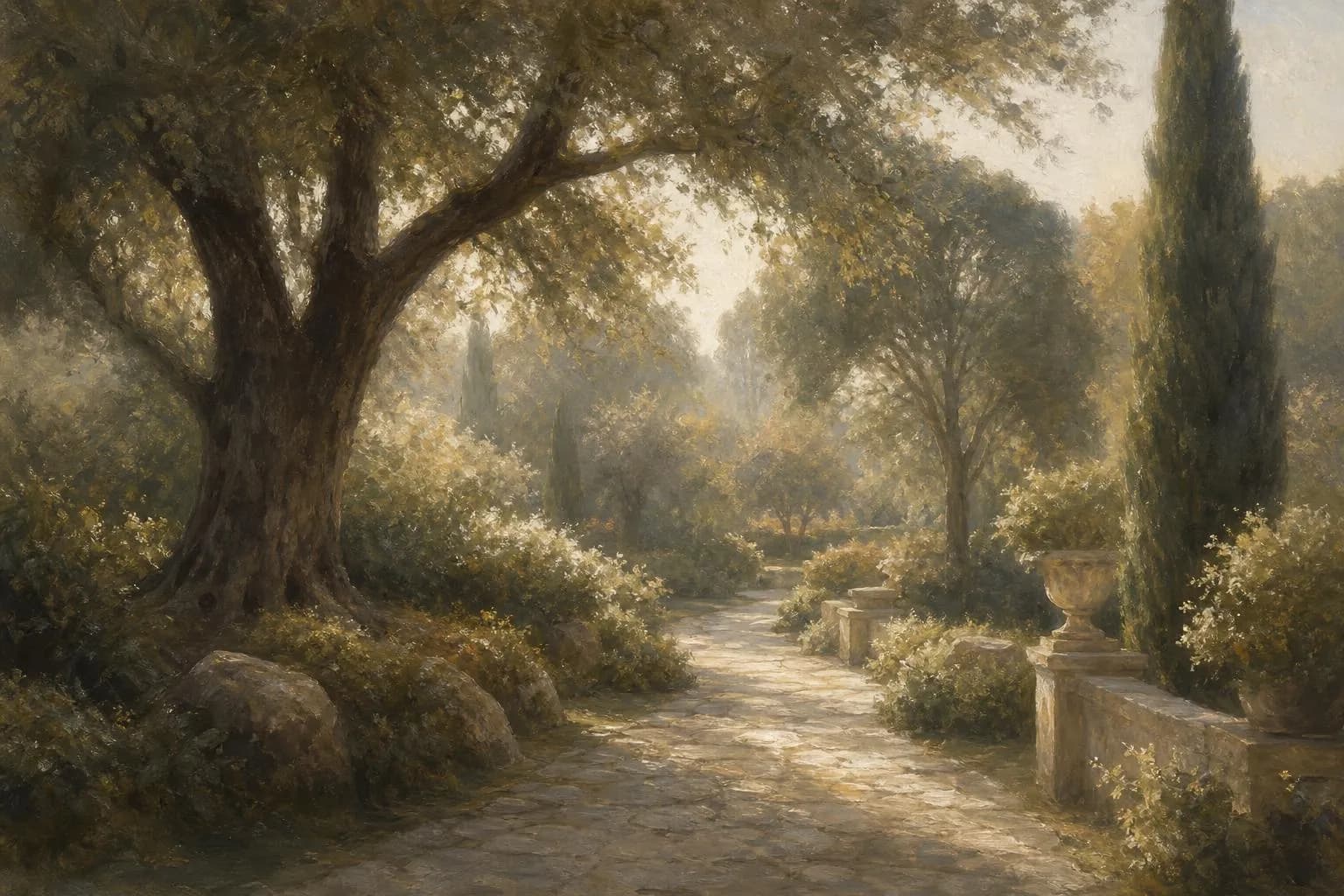 Soft impressionistic garden path with dappled morning light through trees, rendered in muted greens and grays.
