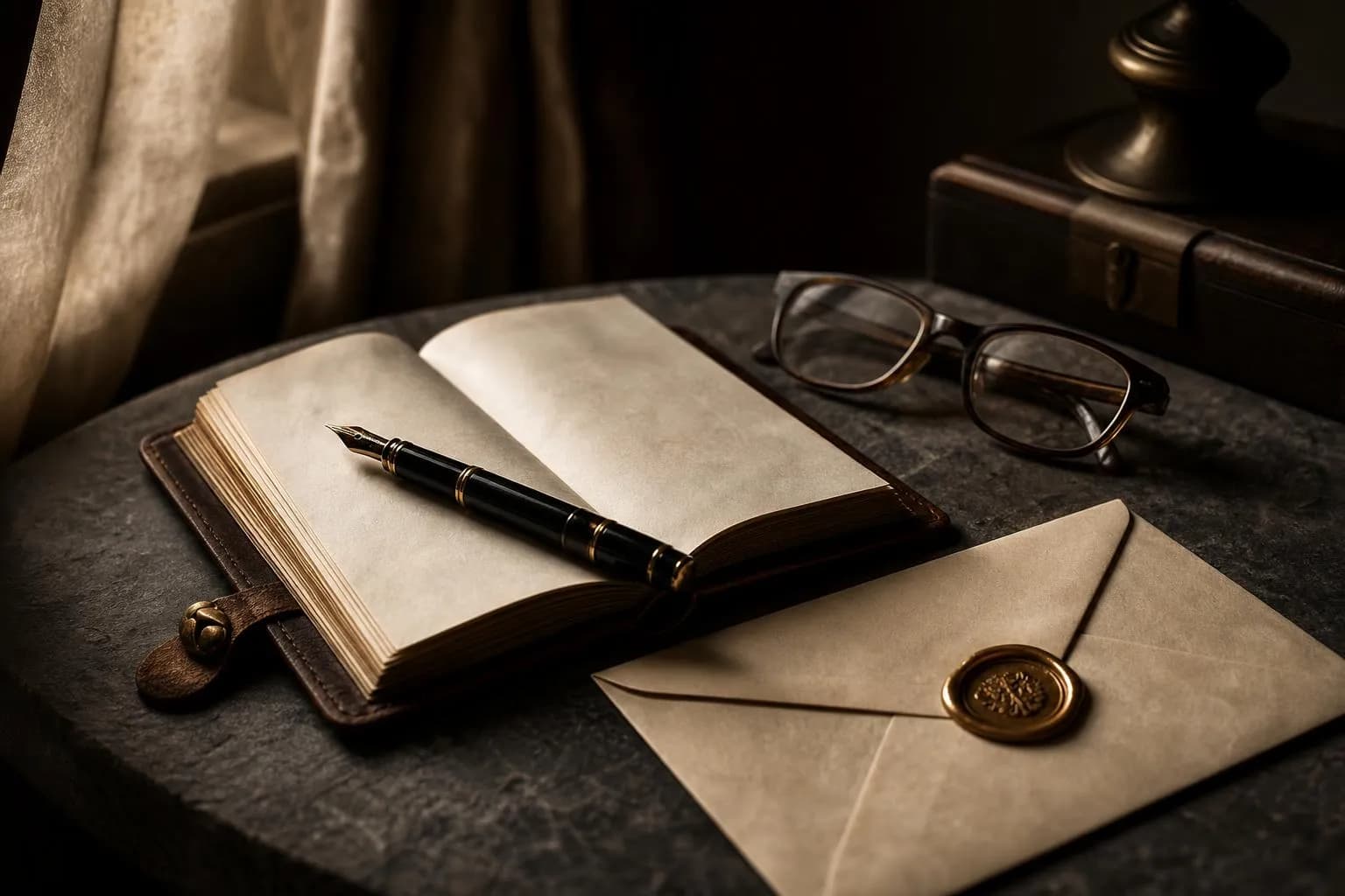 Still life with journal, pen, glasses, and sealed envelope in soft natural light.