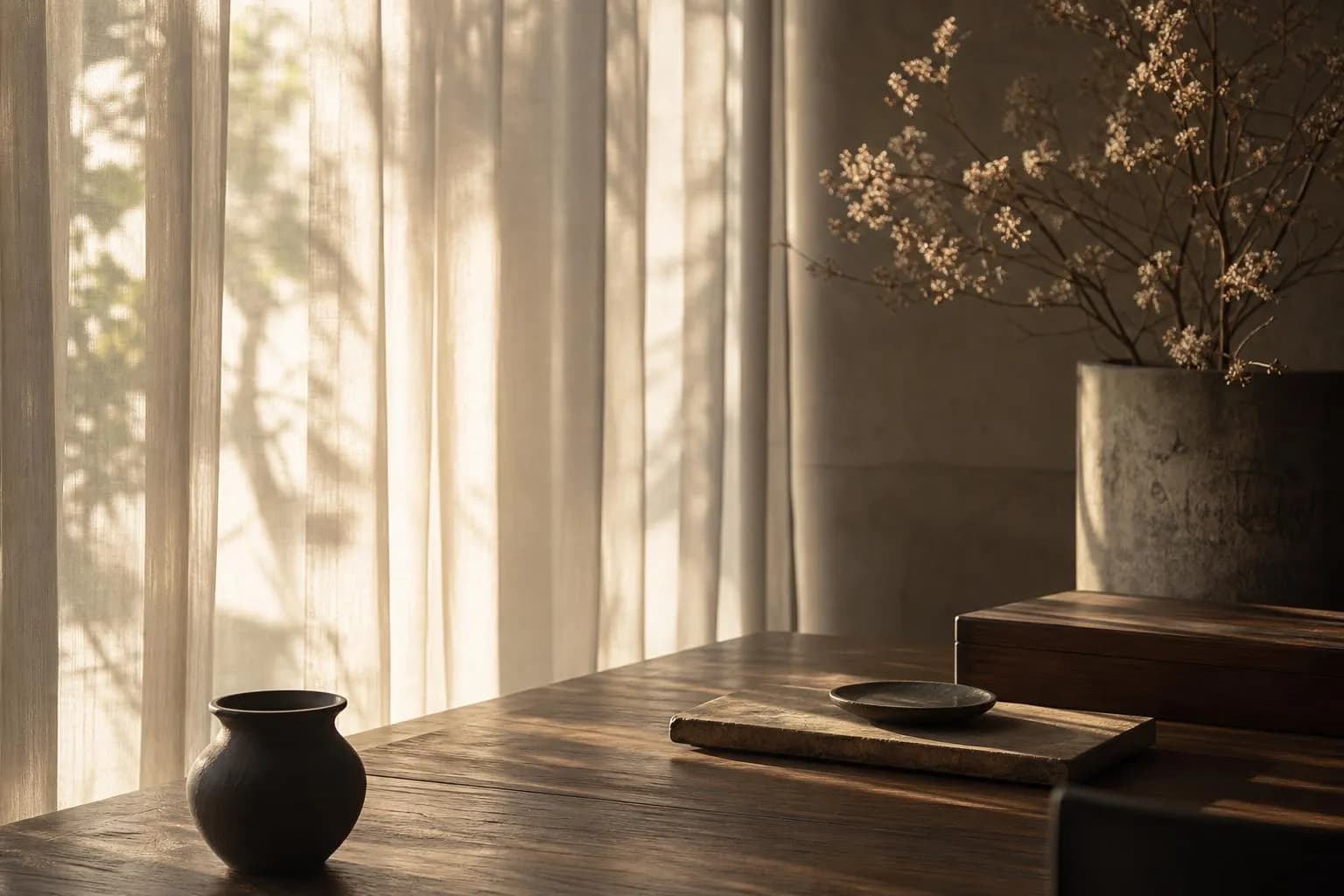 Soft sunlight filtering through sheer curtains, casting gentle shadows on a wooden surface.