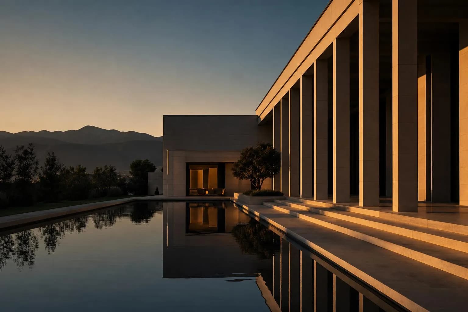 Modernist architecture reflected in still water at dusk, geometric forms and clean lines