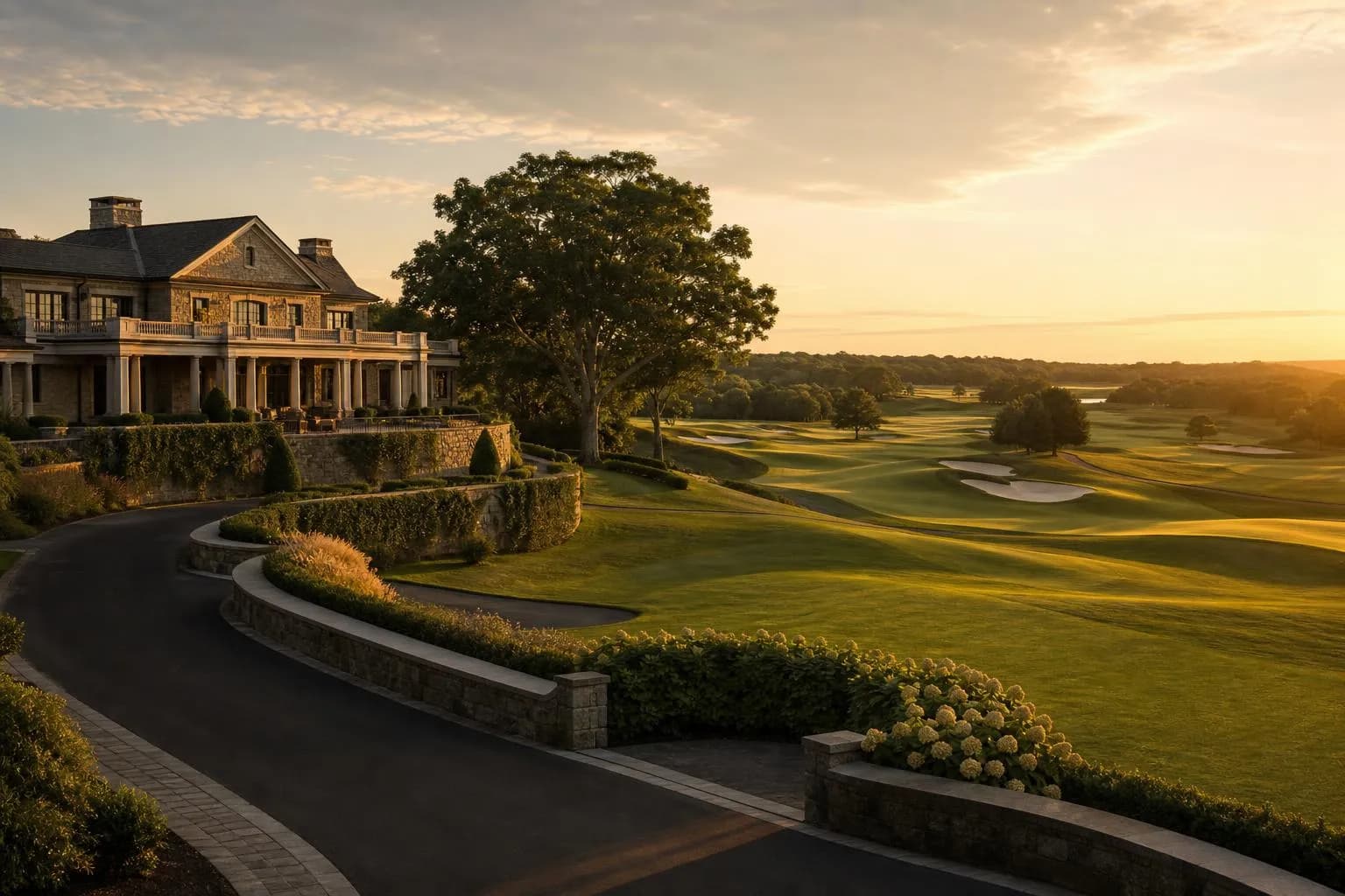 Golden-hour view of manicured private estate grounds with rolling fairways and mature trees.