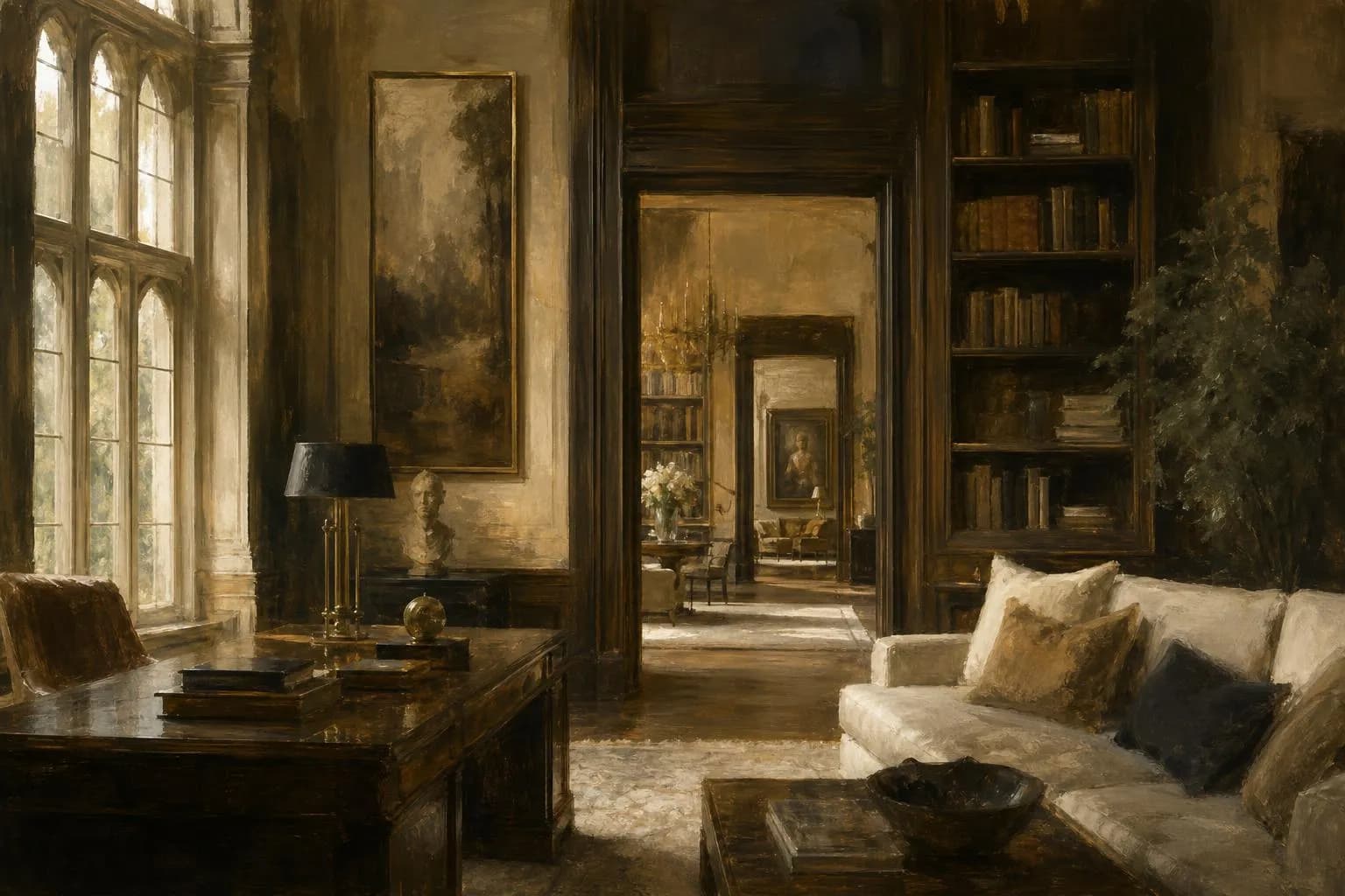 Soft-focus interior with layered architectural forms and warm filtered light, suggesting depth and structure