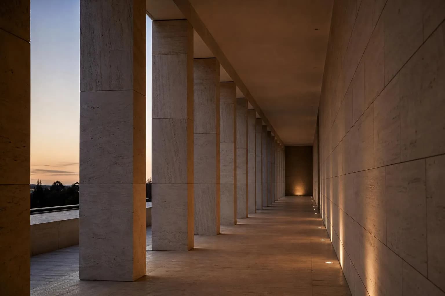 Modernist colonnade with clean geometric columns receding into shadow, suggesting structured growth and foundation.