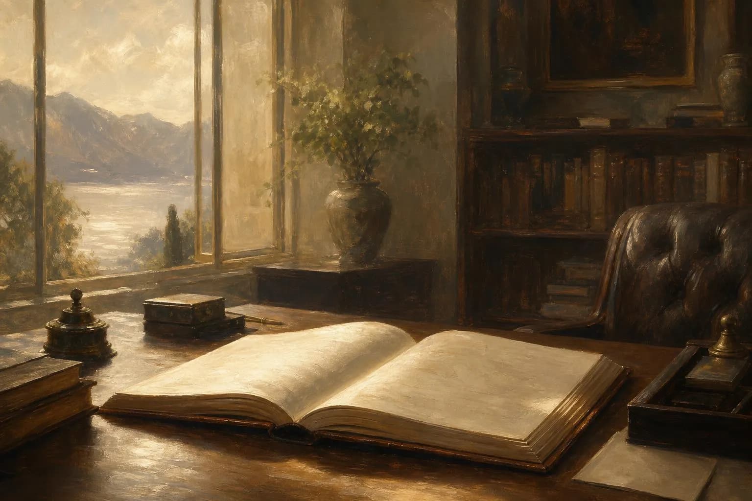 Serene study interior with soft light on an open journal, evoking quiet financial transition.