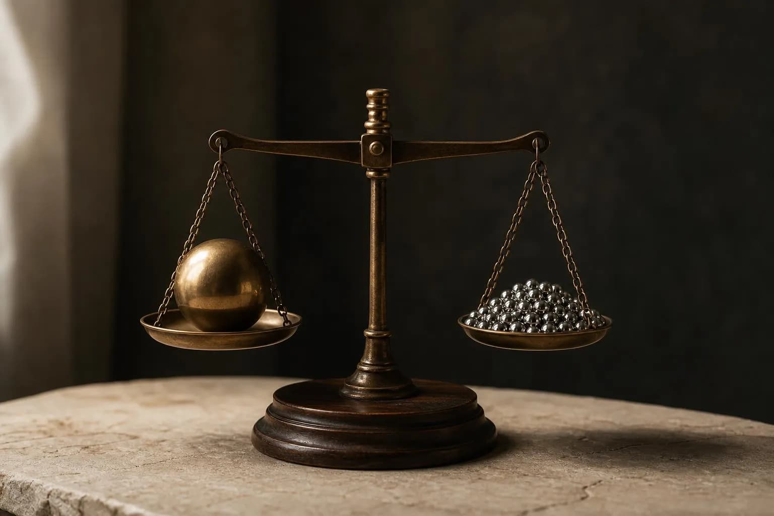 A wooden balance scale comparing a bronze sphere against silver bearings on pale stone.