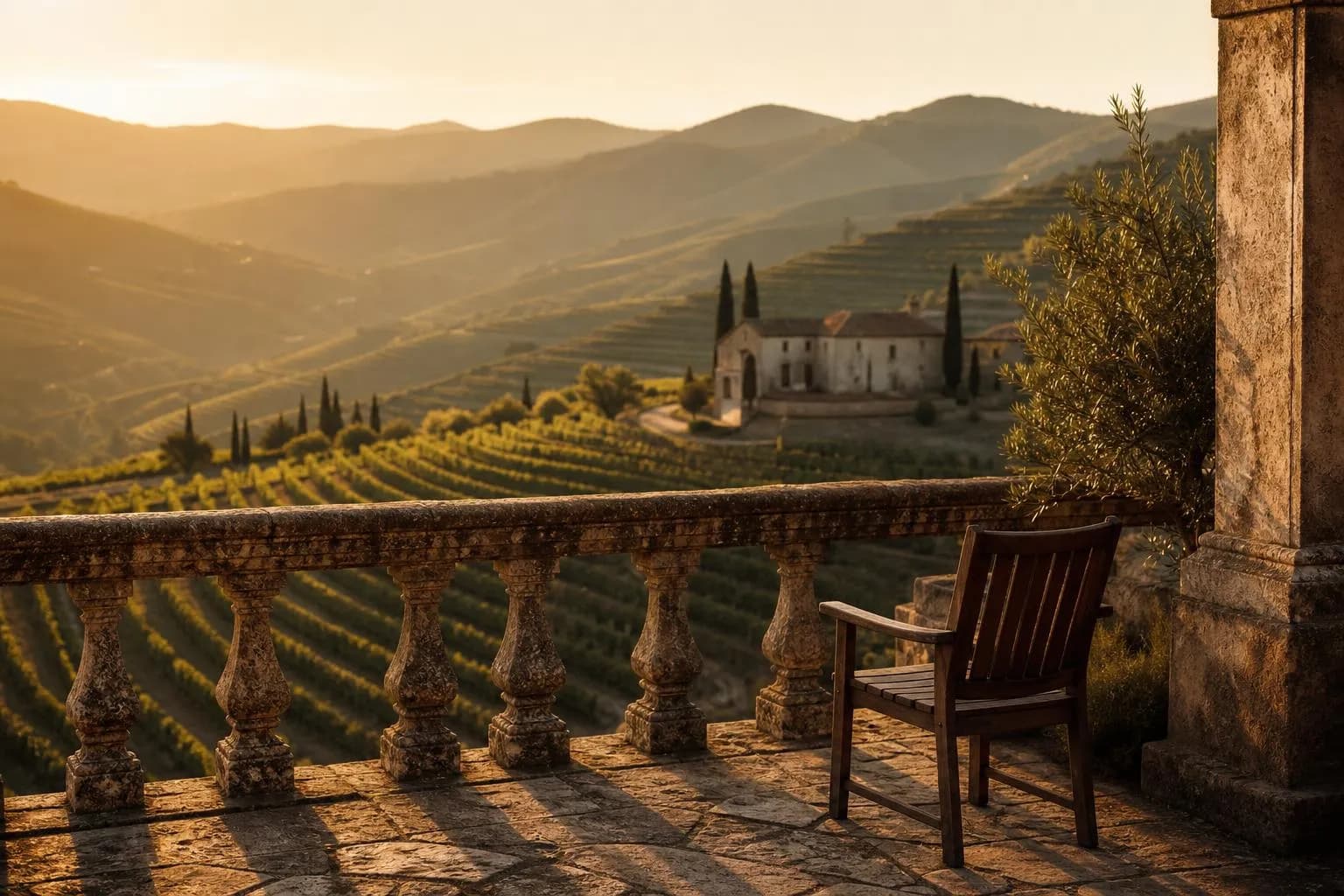 Terraced Douro Valley vineyards viewed from a stone quinta terrace at sunset