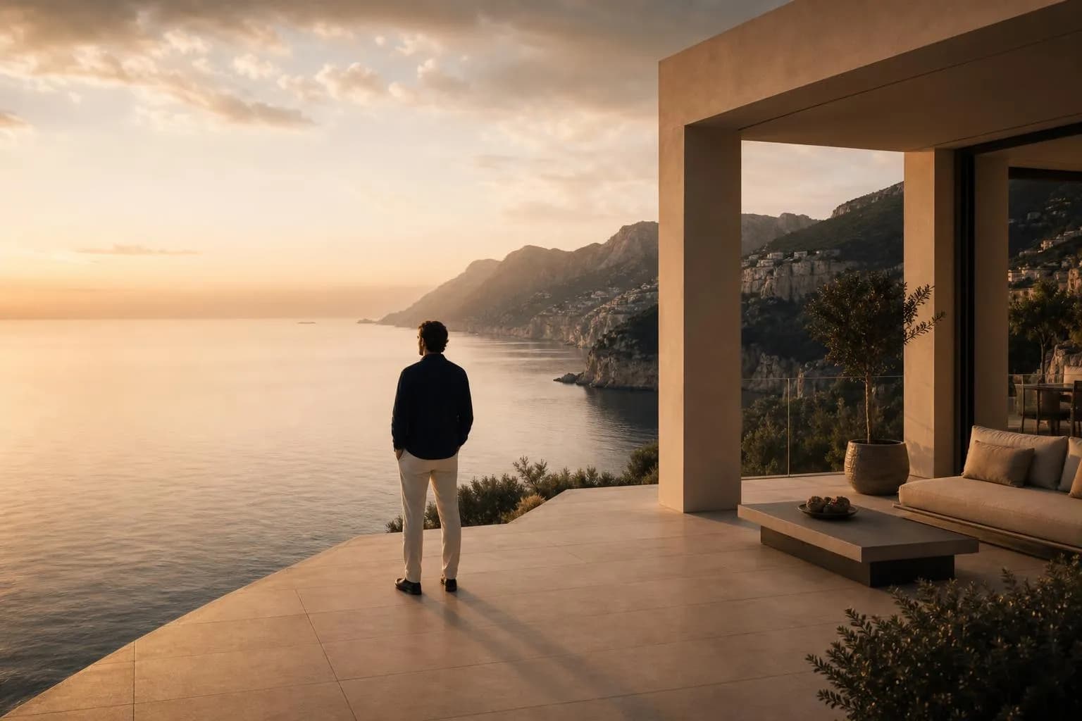Solitary figure on clifftop Mediterranean terrace at dawn, gazing toward distant sea—quiet moment of pause and reflection
