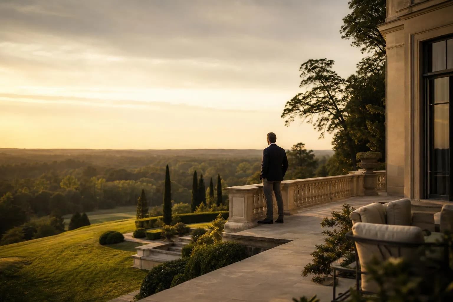Solitary figure on a terrace overlooking rolling private grounds at golden hour, horizon in soft focus.