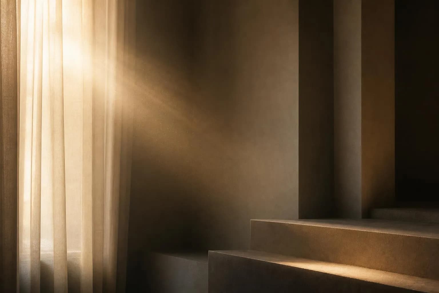Layered sunlight through sheer curtains casting subtle gradations of shadow on a pale wall