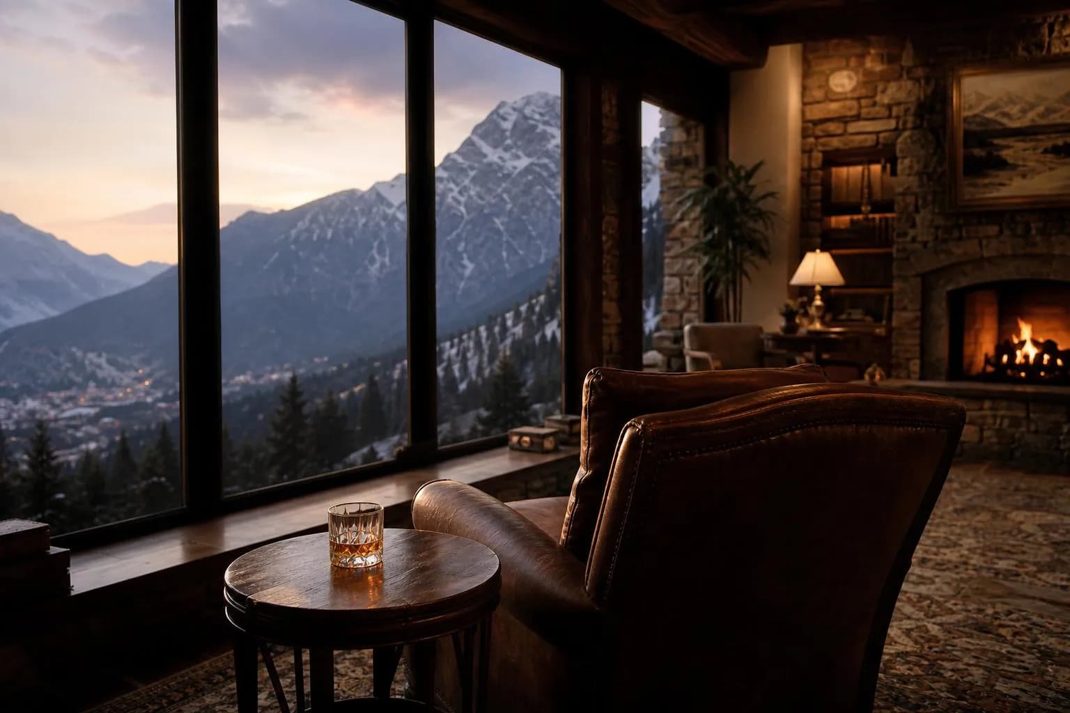 A leather chair in a stone lodge overlooking a snowy valley at twilight, with a glass of whisky on a side table.
