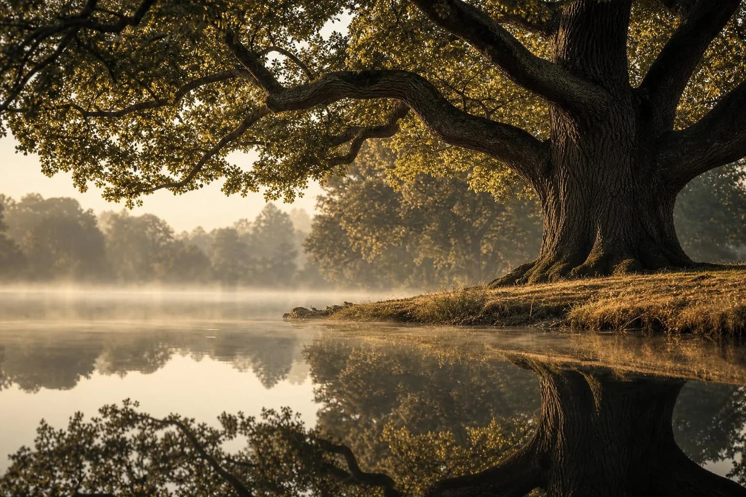 Mature tree with dew-laden leaves reflected in still water, symbolizing growth and legacy.