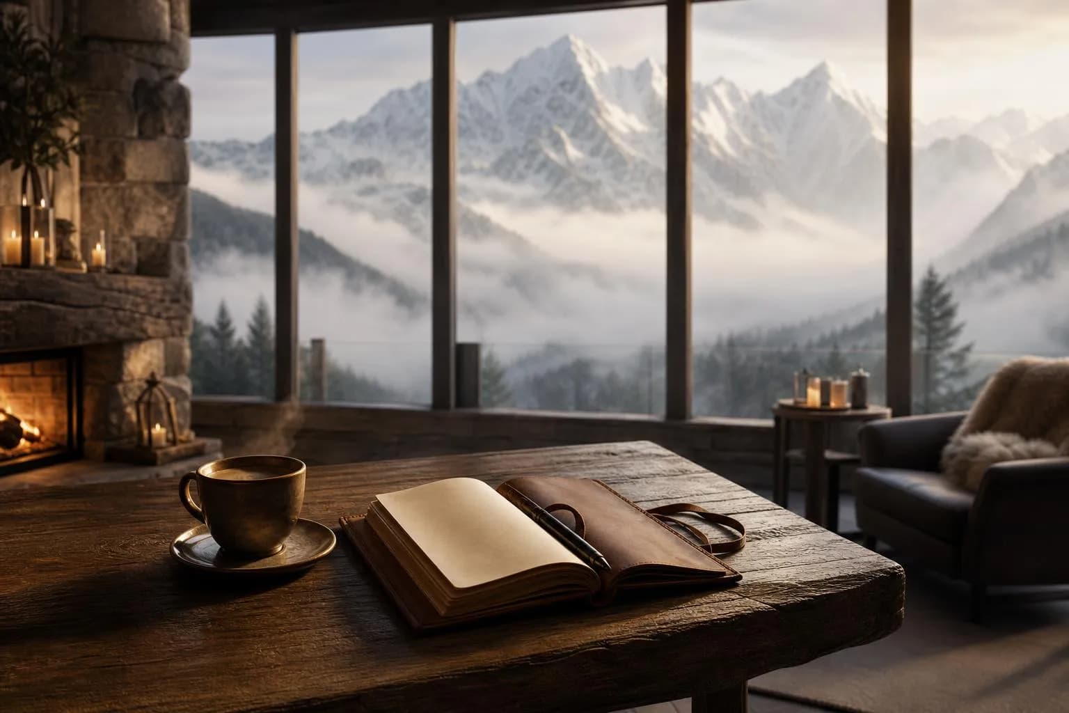 Misty alpine lodge interior at dawn with mountain views and journal on wooden table.