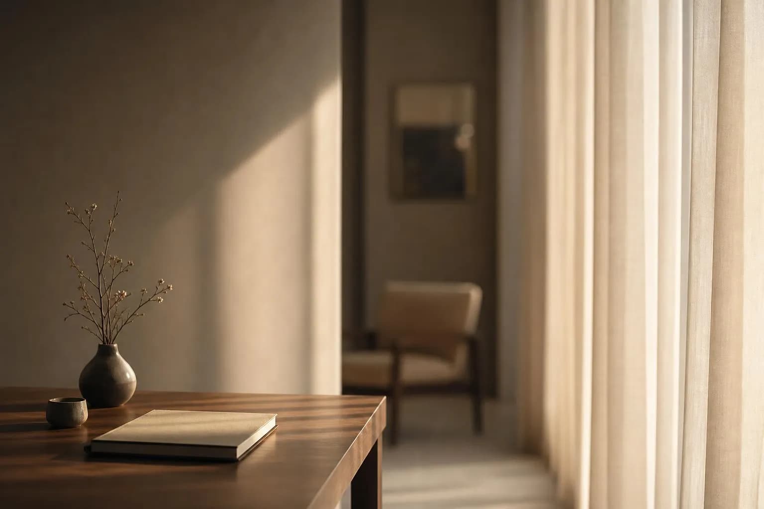 Sunlight filtering through sheer curtains onto a minimal interior, casting soft shadows across a neutral wall.