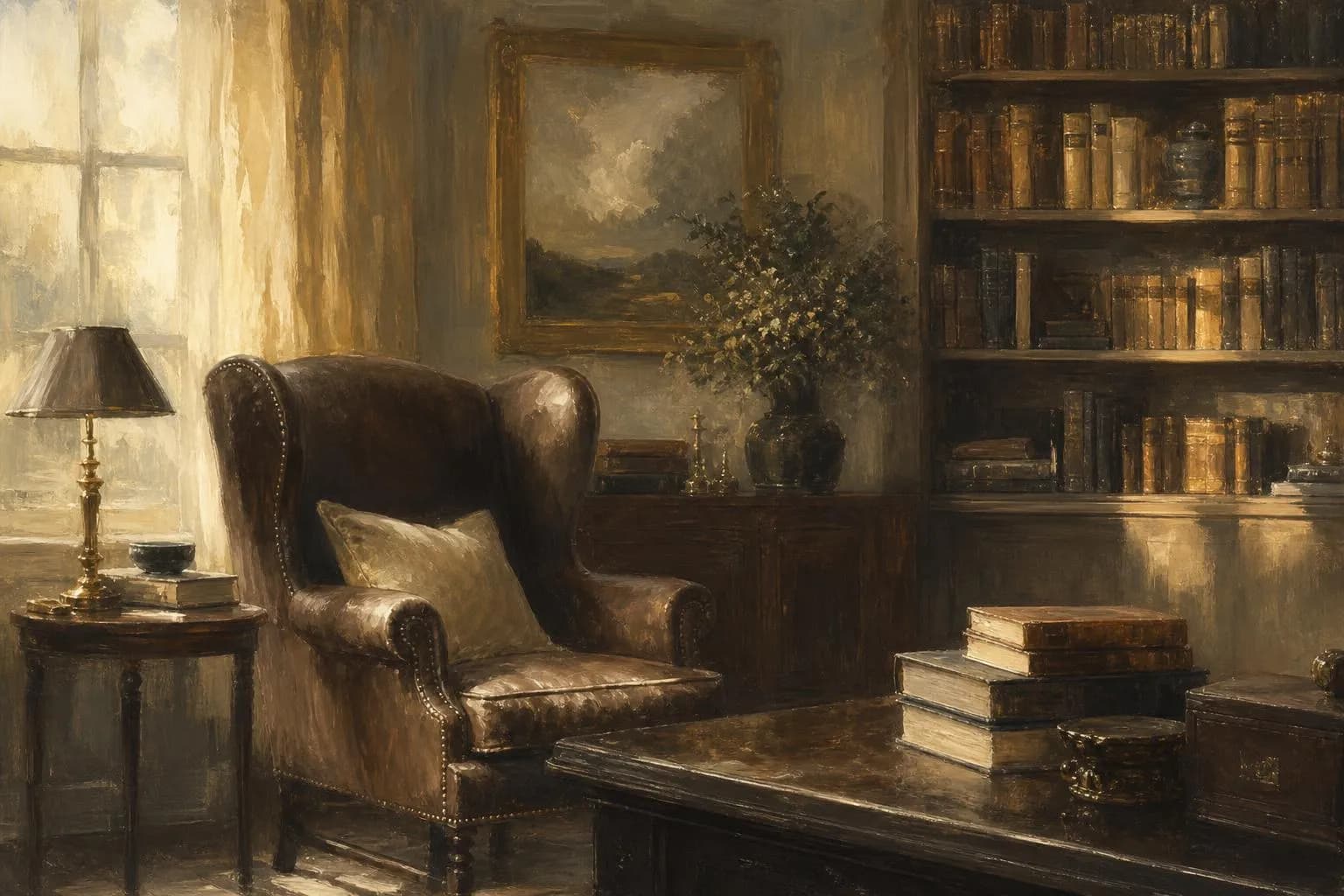 Serene library interior with books and chair, soft muted light, painterly style