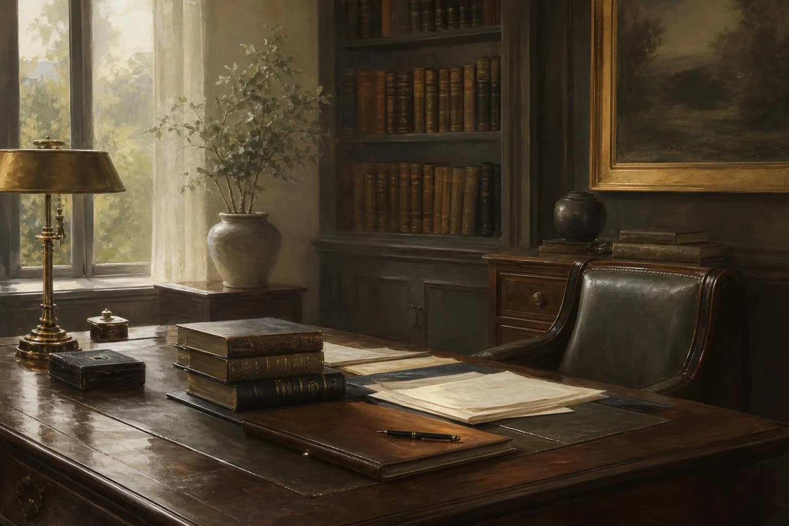 Quiet study corner with books and chair, soft diffused light, muted impressionistic rendering