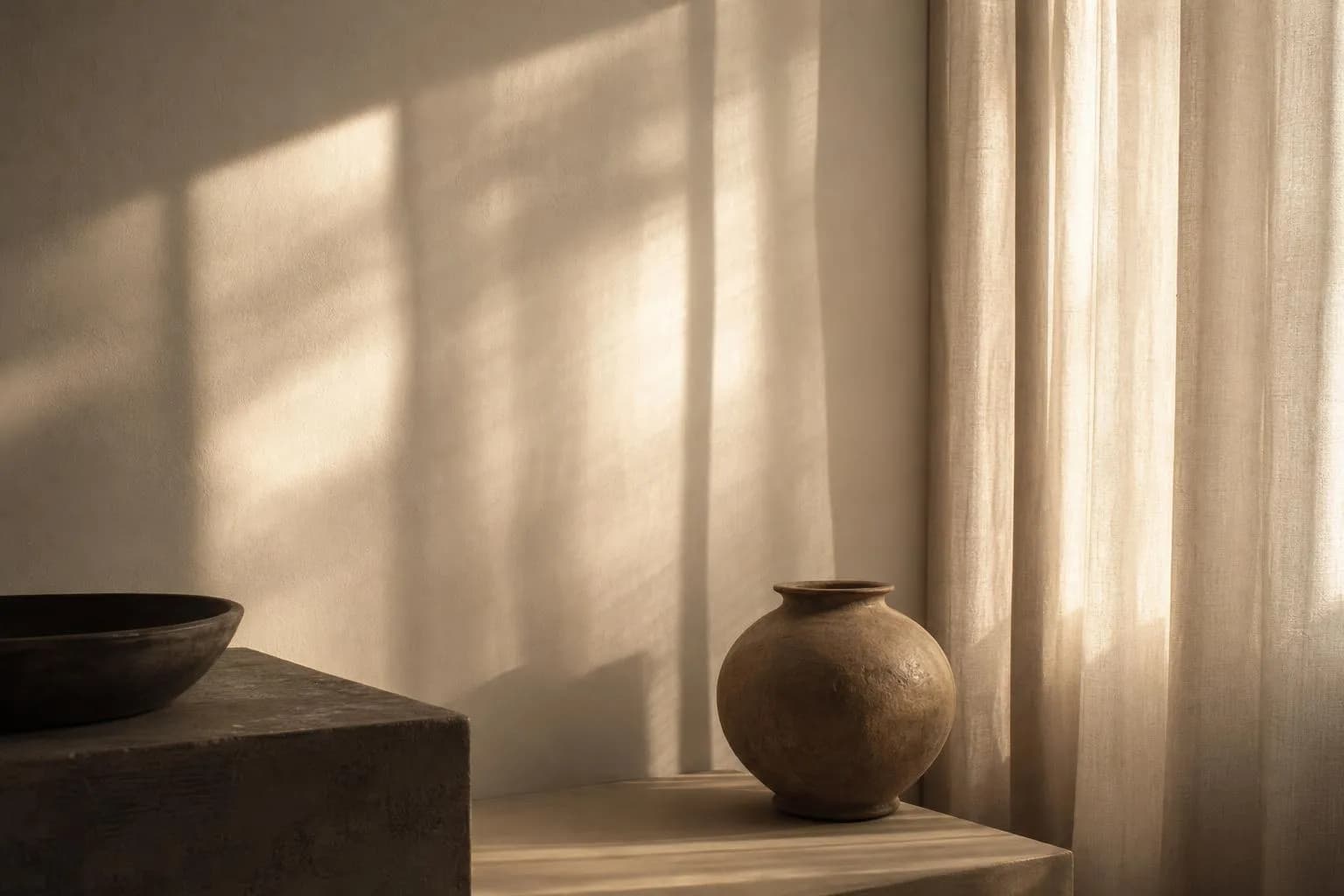 Soft sunlight through linen curtains casts gentle shadows on a pale wall, creating layered abstract forms.
