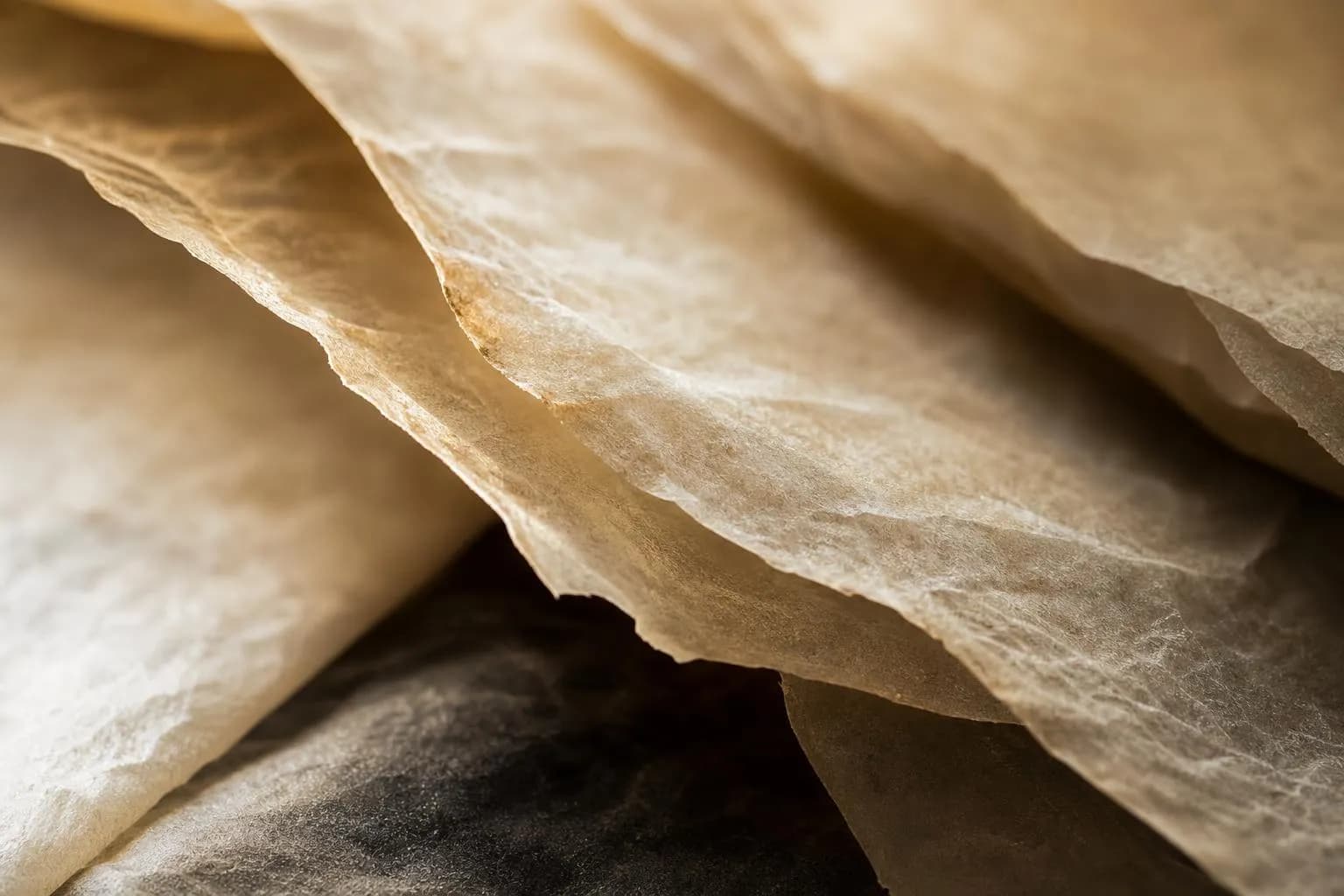 Close-up of layered translucent paper or vellum with raking light showing texture and depth