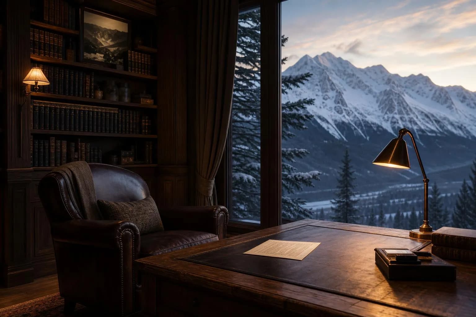 Quiet alpine library at dusk with warm lamplight, leather chair, window overlooking snow-covered peaks