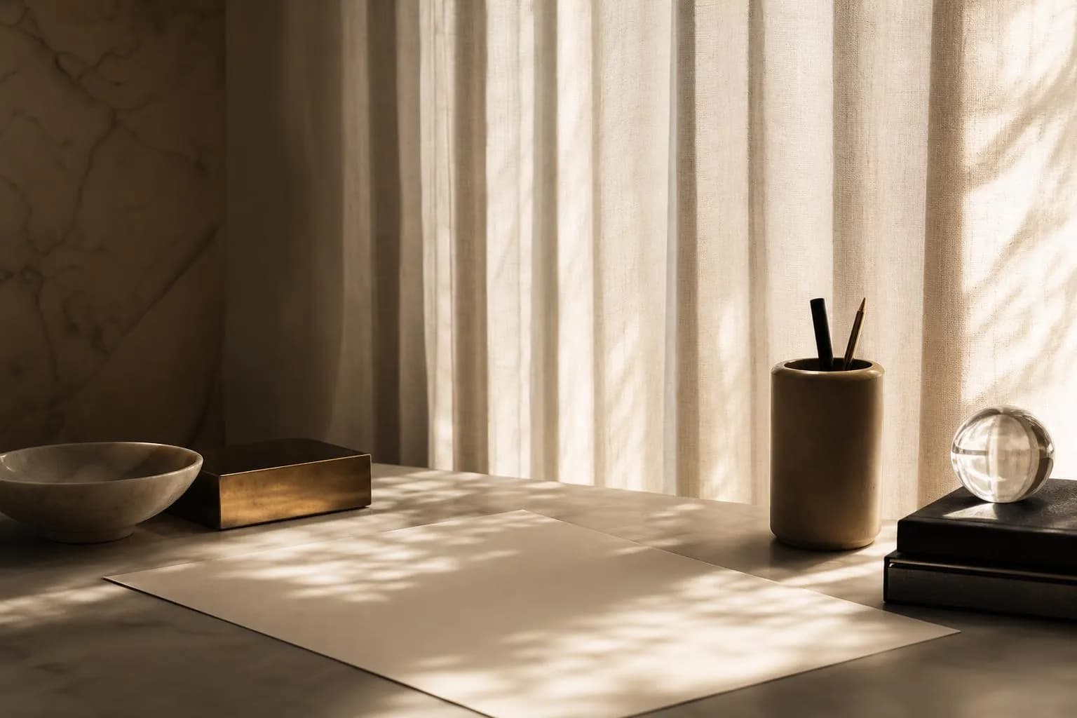 Filtered sunlight through sheer curtains creates soft geometric shadows on a minimal surface.