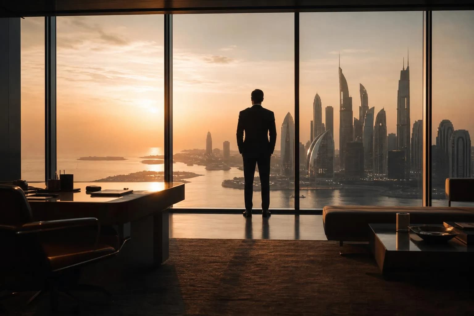 Silhouetted figure gazing out floor-to-ceiling windows at cityscape at dusk, cool amber light