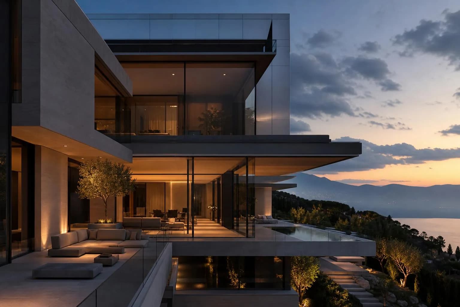 Modernist villa exterior with sharp geometric lines and shadows, dusk light