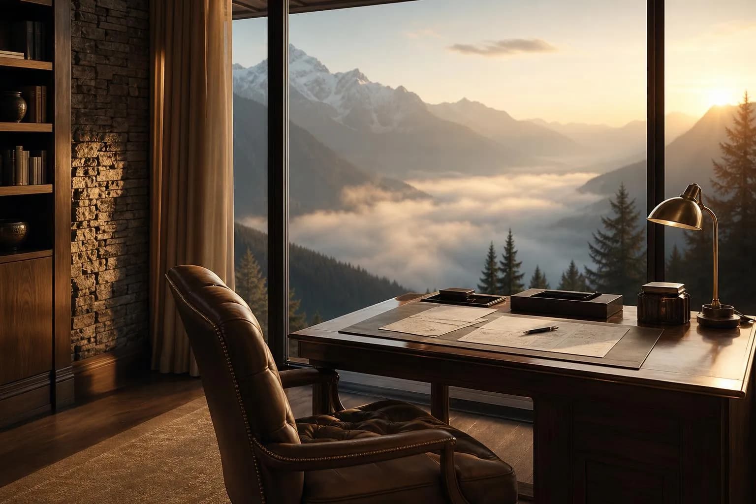 Mountain lodge interior at sunrise with valley view and study desk, evoking thoughtful analysis and elevated perspective.