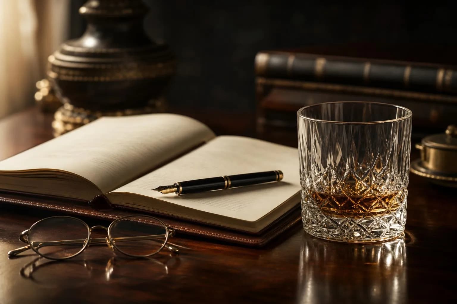 Still life with open ledger, fountain pen, glasses, and crystal glass on wooden surface