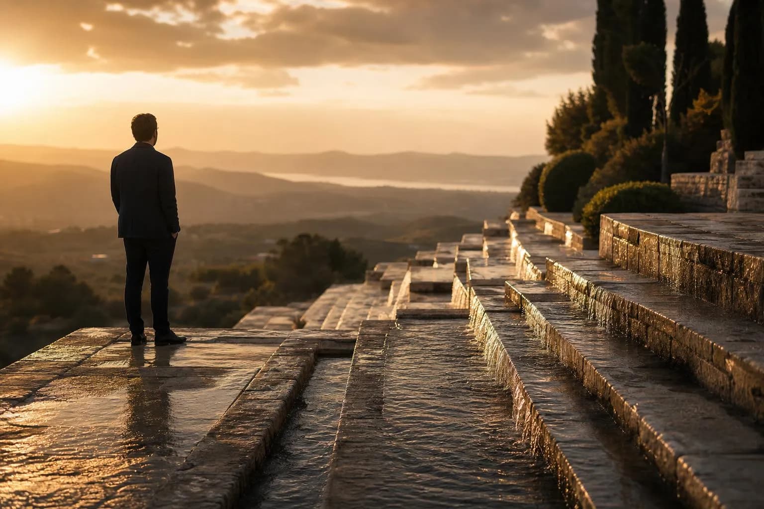 Solitary figure on terraced stone overlooking landscape with water channels at golden hour