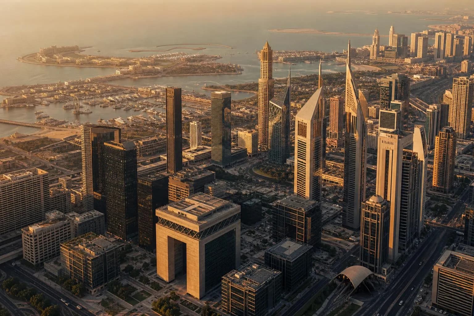 Aerial view of Dubai's financial district at sunset, modern towers and waterfront marina visible from above