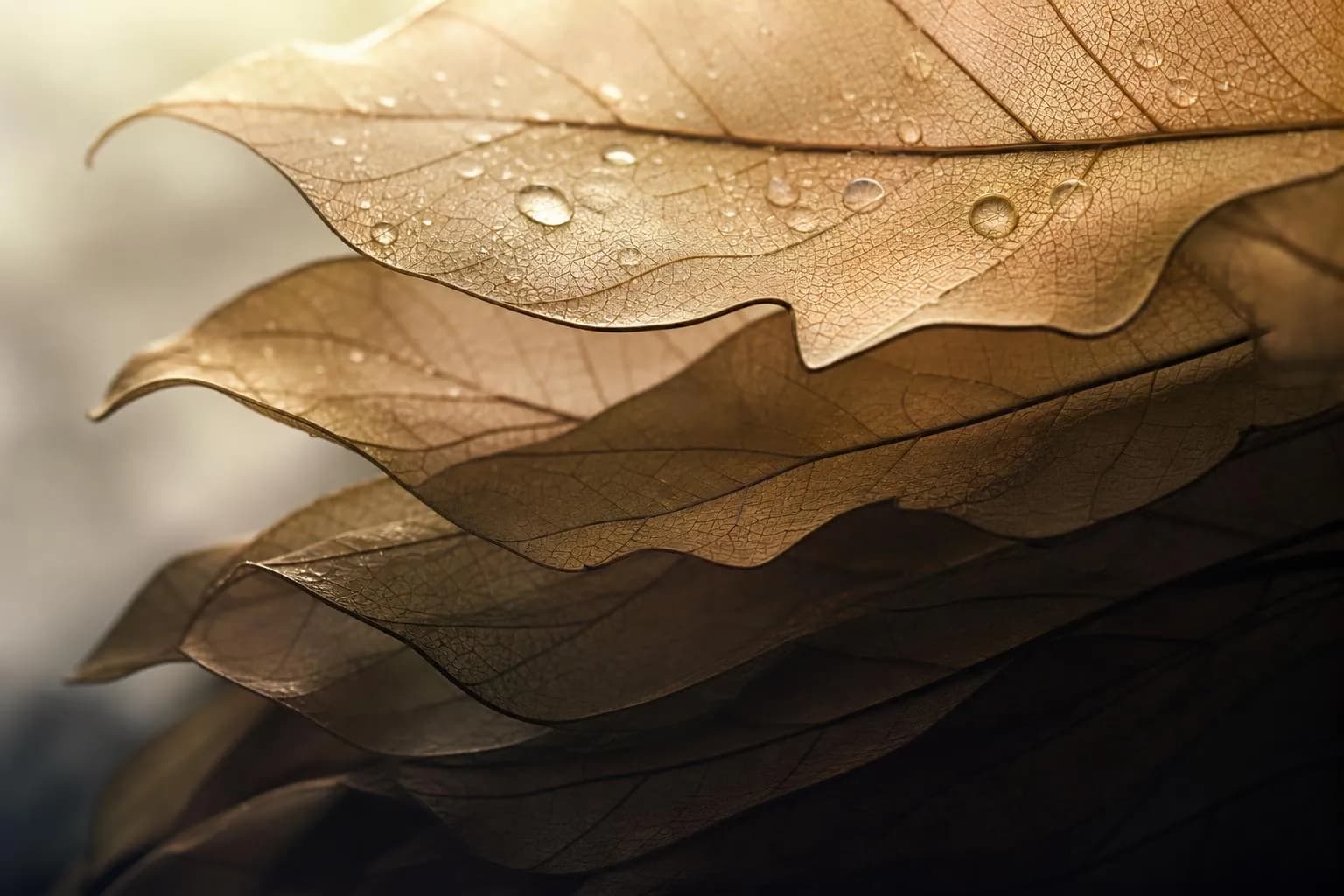 Backlit translucent leaves stacked in layers, morning dew visible, showing how cumulative elements obscure light.